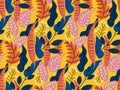 Bright colorful pattern with tropical leaves, berries on a trendy yellow background. Summer creative print.